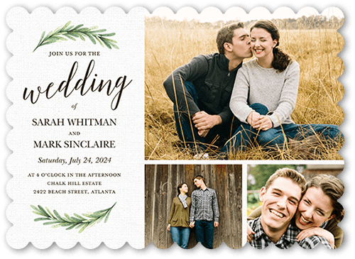 Arched Greenery Wedding Invitation, Gray, 5x7 Flat, Pearl Shimmer Cardstock, Scallop