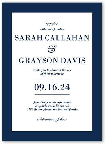 Purely Classic Wedding Invitation, Blue, 5x7 Flat, Pearl Shimmer Cardstock, Square