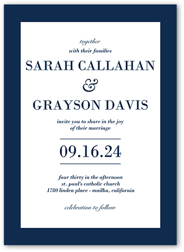 Purely Classic Wedding Invitation, Blue, 5x7 Flat, Pearl Shimmer Cardstock, Square, Navy