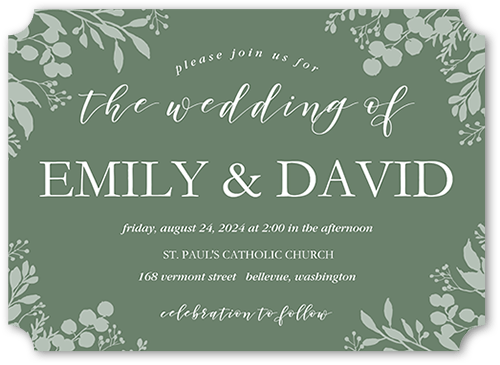 Botanical Edge Wedding Invitation, Green, 5x7, Pearl Shimmer Cardstock, Ticket