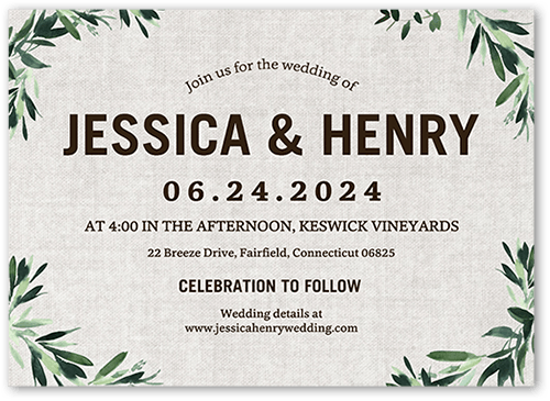Textured Greenery Wedding Invitation, Gray, 5x7 Flat, Matte, Luxe Double-Thick Cardstock, Square, White