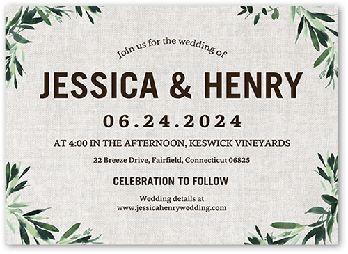 Textured Greenery Wedding Invitation, Gray, 5x7 Flat, Pearl Shimmer Cardstock, Square