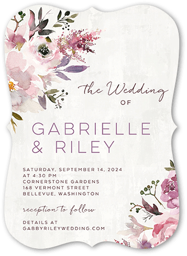 Painted Promise Wedding Invitation, Purple, 5x7 Flat, Pearl Shimmer Cardstock, Bracket