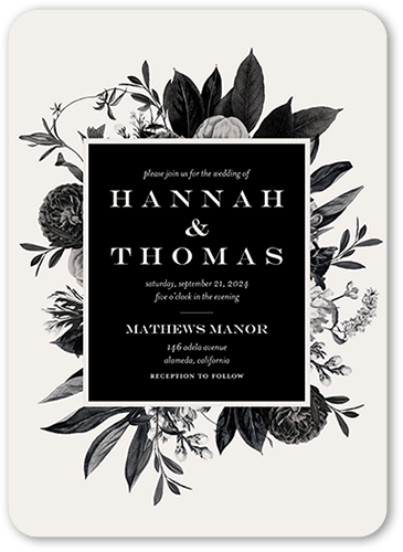 Monochrome Florals Wedding Invitation, Black, 5x7 Flat, Matte, Signature Smooth Cardstock, Rounded