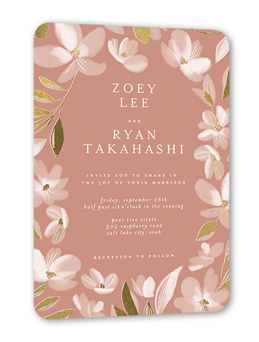 Whispy Florals Wedding Invitation, Pink, Gold Foil, 5x7, Matte, Signature Smooth Cardstock, Rounded