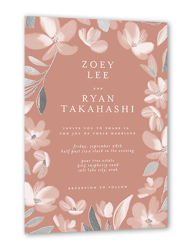 Whispy Florals Wedding Invitation, Silver Foil, Pink, 5x7, Pearl Shimmer Cardstock, Square