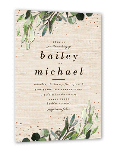Dark Garden Wedding Invitation, Rose Gold Foil, Beige, 5x7 Flat, Pearl Shimmer Cardstock, Square