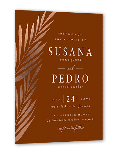 Brilliant Pampas Wedding Invitation, Rose Gold Foil, Brown, 5x7 Flat, Luxe Double-Thick Cardstock, Square