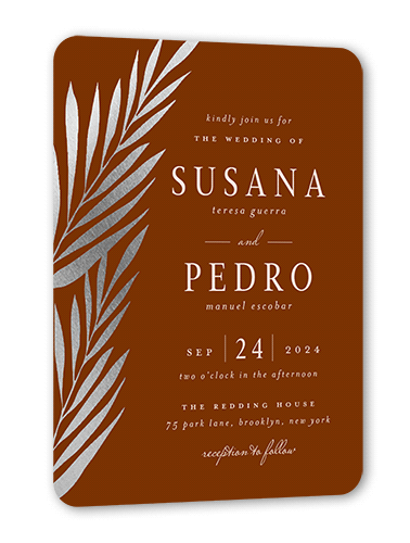 Brilliant Pampas Wedding Invitation, Silver Foil, Brown, 5x7 Flat, Pearl Shimmer Cardstock, Rounded