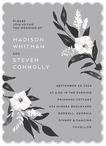 Evening Flower Wedding Invitation, Grey, 5x7 Flat, Matte, Signature Smooth Cardstock, Scallop