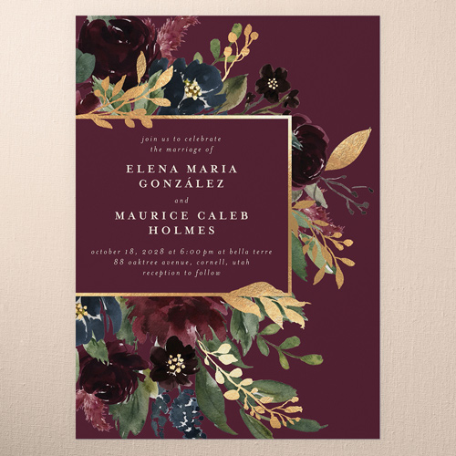 Bouquet Garland Wedding Invitation, Purple, 5x7 Flat, Luxe Double-Thick Cardstock, Square