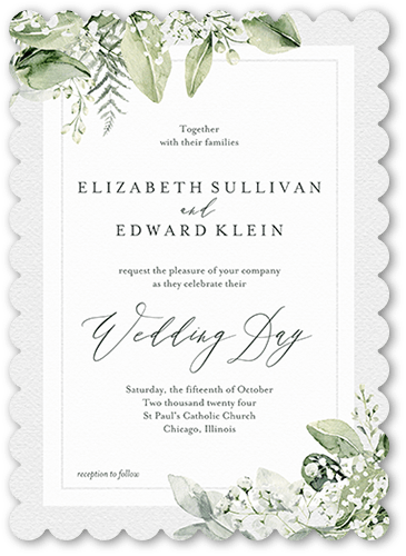 Lovely Lush Wedding Invitation, White, 5x7, Pearl Shimmer Cardstock, Scallop