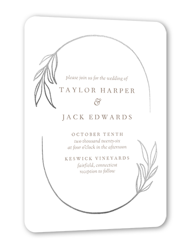 Ornate Oval Wedding Invitation, Silver Foil, White, 5x7 Flat, Matte, Signature Smooth Cardstock, Rounded