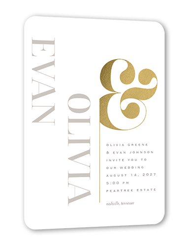 Alluring Ampersand Wedding Invitation, White, Gold Foil, 5x7 Flat, Matte, Signature Smooth Cardstock, Rounded