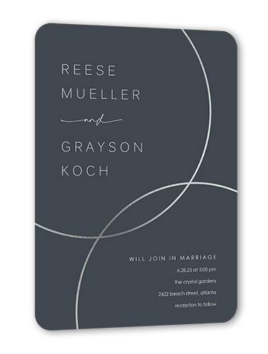 Refined Rings Wedding Invitation, Gray, Silver Foil, 5x7, Pearl Shimmer Cardstock, Rounded