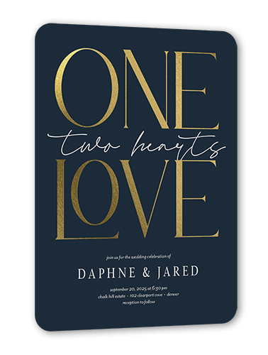 One Love Wedding Invitation, Blue, Gold Foil, 5x7 Flat, Pearl Shimmer Cardstock, Rounded