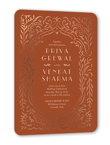 Wonderful Weave Wedding Invitation, Rose Gold Foil, Orange, 5x7 Flat, Matte, Signature Smooth Cardstock, Rounded