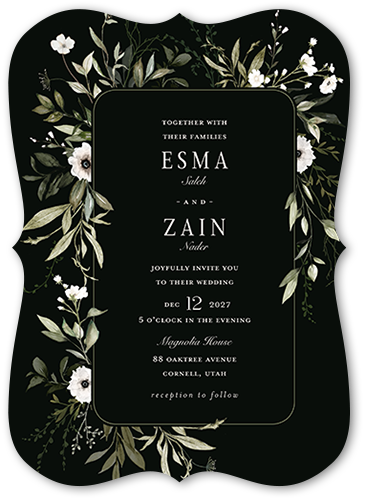 Floral Filigree Wedding Invitation, Black, 5x7, Pearl Shimmer Cardstock, Bracket