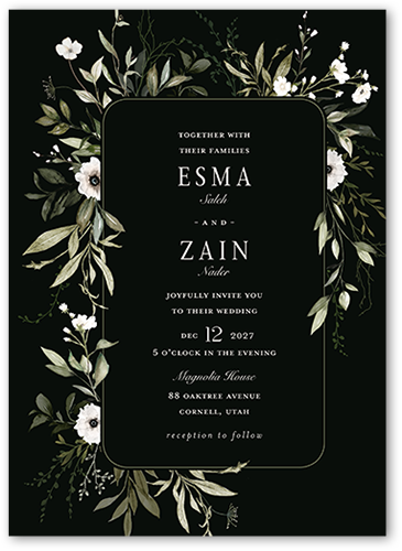 Floral Filigree Wedding Invitation, Black, 5x7 Flat, Luxe Double-Thick Cardstock, Square