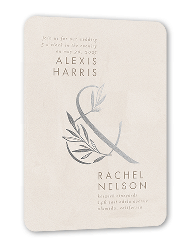 Splendid Spruce Wedding Invitation, Beige, Silver Foil, 5x7 Flat, Pearl Shimmer Cardstock, Rounded, Beige