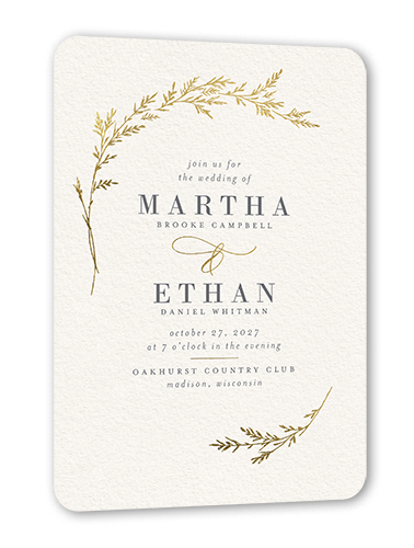 Spectacular Spruce Wedding Invitation, Beige, Gold Foil, 5x7 Flat, Pearl Shimmer Cardstock, Rounded, Antique White