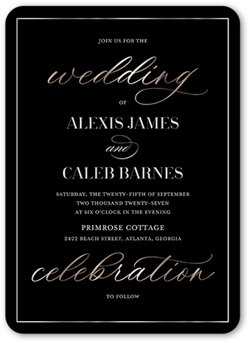 Elegantly Engaged Wedding Invitation, Black, 5x7 Flat, 100% Recycled Cardstock , Rounded, Black