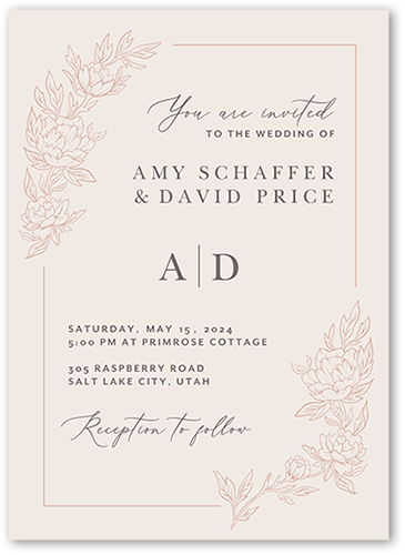 Floral Curve Wedding Invitation, Pink, 5x7 Flat, Pearl Shimmer Cardstock, Square