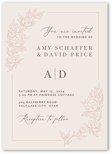 Floral Curve Wedding Invitation, Pink, 5x7 Flat, Matte, Signature Smooth Cardstock, Square