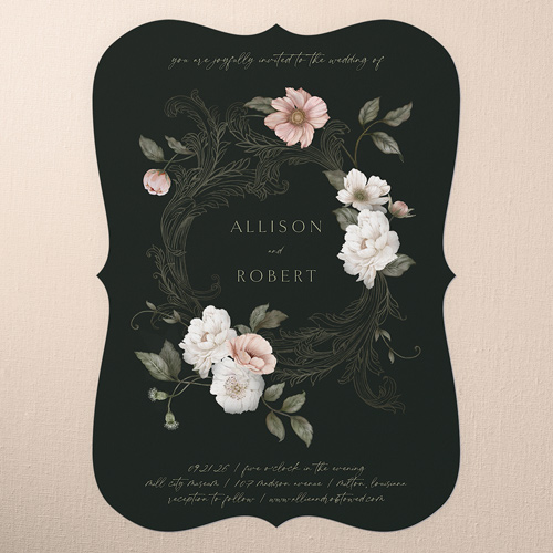 Peaceful Flowers Wedding Invitation, Black, 5x7 Flat, Pearl Shimmer Cardstock, Bracket