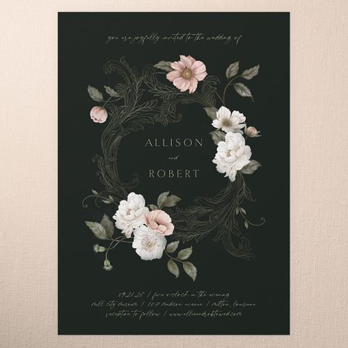 Peaceful Flowers Wedding Invitation, Black, 5x7 Flat, Pearl Shimmer Cardstock, Square