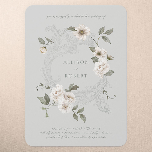 Peaceful Flowers Wedding Invitation, Grey, 5x7 Flat, Matte, Signature Smooth Cardstock, Rounded