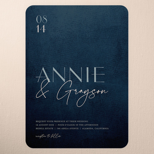 Modern Grace Wedding Invitation, Blue, 5x7 Flat, Pearl Shimmer Cardstock, Rounded, Feather