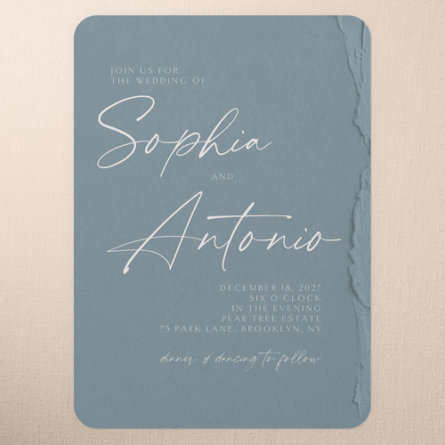 Torn Textures Wedding Invitation, Blue, 5x7 Flat, Standard Smooth Cardstock, Rounded, Feather