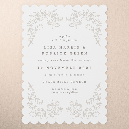 Delicate Florals Wedding Invitation, White, 5x7 Flat, Pearl Shimmer Cardstock, Scallop