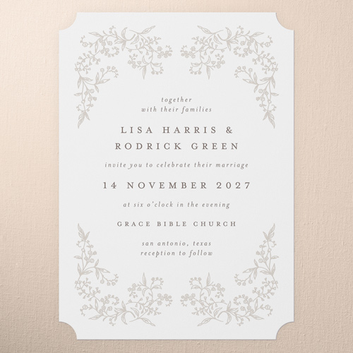 Delicate Florals Wedding Invitation, White, 5x7 Flat, Pearl Shimmer Cardstock, Ticket