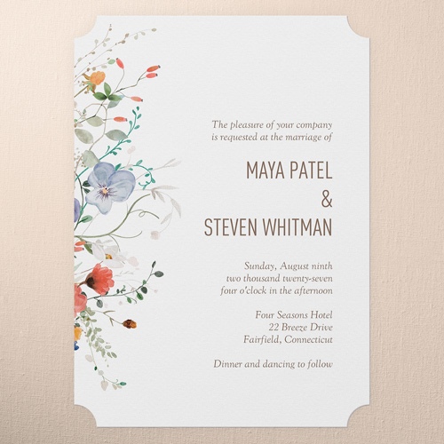 Tranquil Flowers Wedding Invitation, White, 5x7 Flat, Pearl Shimmer Cardstock, Ticket