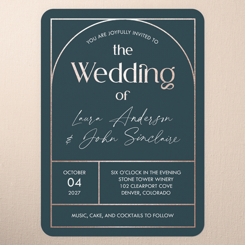 Geometric Impression Wedding Invitation, Rose Gold Foil, Blue, 5x7 Flat, Pearl Shimmer Cardstock, Rounded