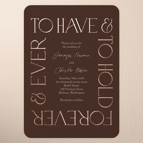 Romantic Gleam Wedding Invitation, Red, Rose Gold Foil, 5x7 Flat, Pearl Shimmer Cardstock, Rounded