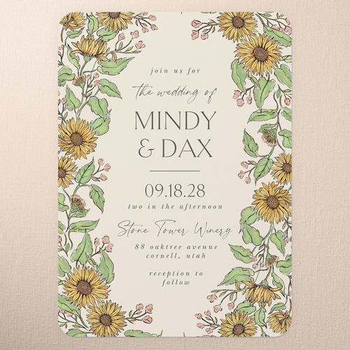 Sunflower Scenery Wedding Invitation, Beige, 5x7 Flat, Write Your Own Greeting, Pearl Shimmer Cardstock, Rounded