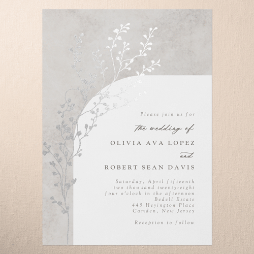Beaming Branch Wedding Invitation, Silver Foil, Gray, 5x7 Flat, Matte, Signature Smooth Cardstock, Square