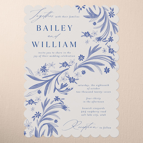 Floral Whimsy Wedding Invitation, Blue, 5x7 Flat, Pearl Shimmer Cardstock, Scallop