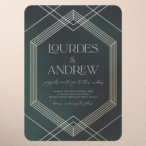 Diamond Deco Wedding Invitation, Gold Foil, Green, 5x7 Flat, Matte, Signature Smooth Cardstock, Rounded, Green