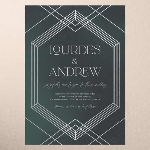 Diamond Deco Wedding Invitation, Green, Silver Foil, 5x7 Flat, Matte, Signature Smooth Cardstock, Square