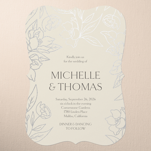 Floral Fantasy Wedding Invitation, Beige, Silver Foil, 5x7 Flat, Matte, Signature Smooth Cardstock, Bracket