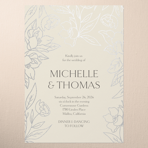 Floral Fantasy Wedding Invitation, Beige, Silver Foil, 5x7 Flat, Pearl Shimmer Cardstock, Square