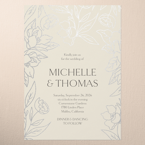 Floral Fantasy Wedding Invitation, Beige, Silver Foil, 5x7 Flat, Pearl Shimmer Cardstock, Square, Cream