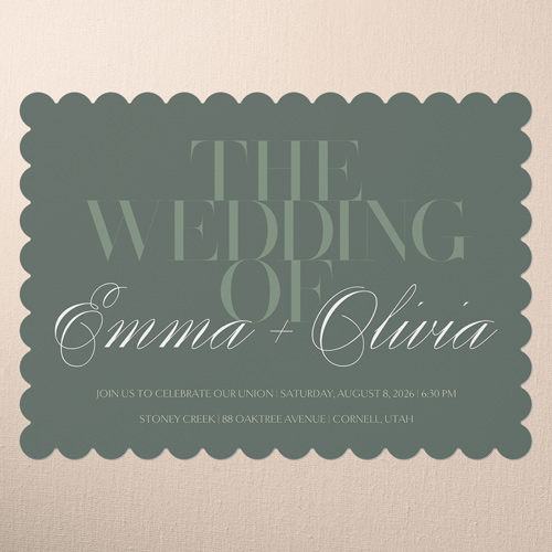 Serene Simplicity Wedding Invitation, Green, 5x7 Flat, Pearl Shimmer Cardstock, Scallop