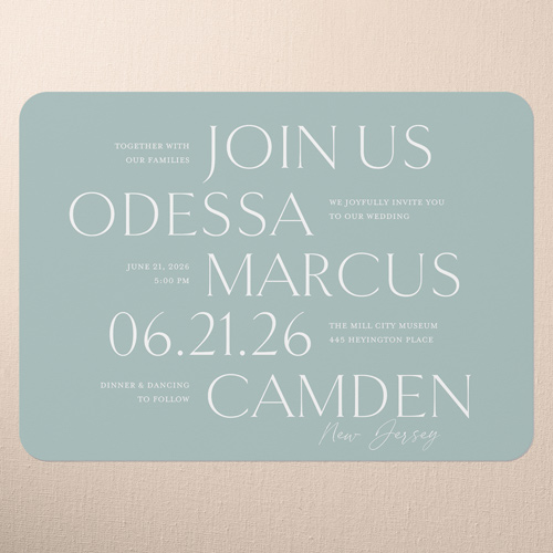 Staggered Type Wedding Invitation, Green, 5x7 Flat, Matte, Signature Smooth Cardstock, Rounded, White