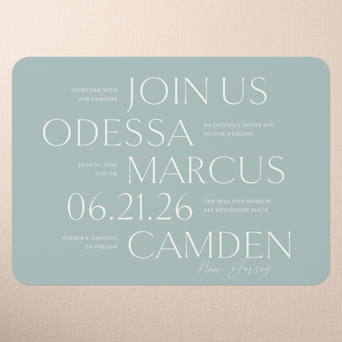 Staggered Type Wedding Invitation, Green, 5x7 Flat, Standard Smooth Cardstock, Rounded