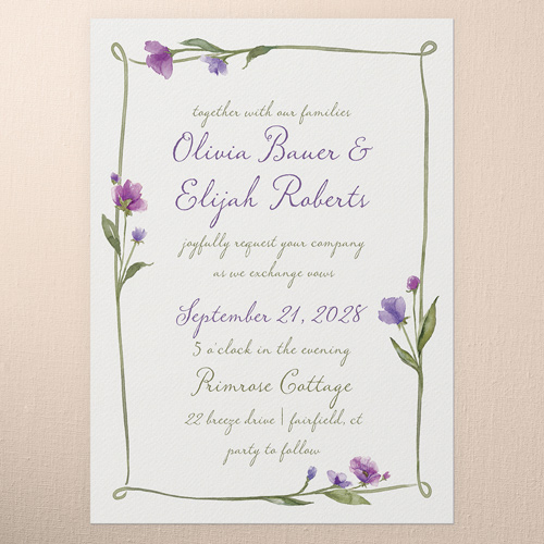 Watercolor Wildflowers Wedding Invitation, Purple, 5x7 Flat, Standard Smooth Cardstock, Square, Baroque